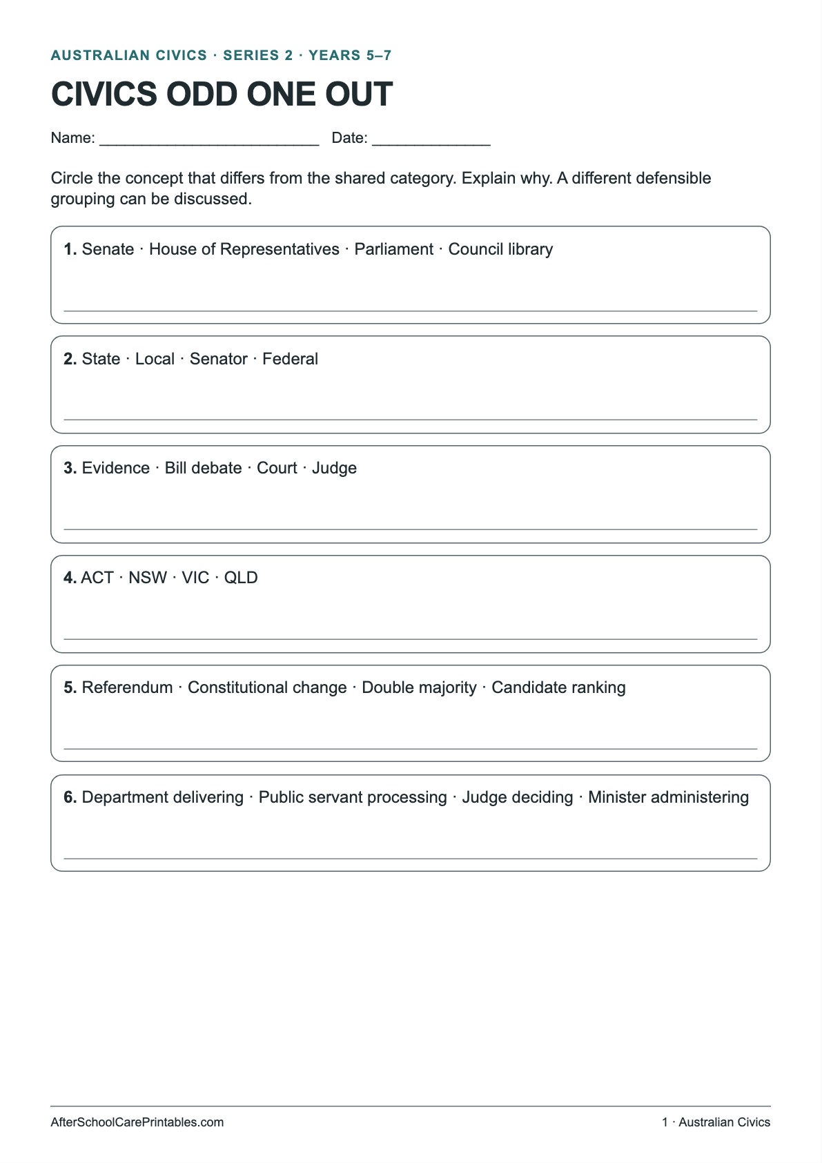Civics Odd One Out printer-friendly first student page