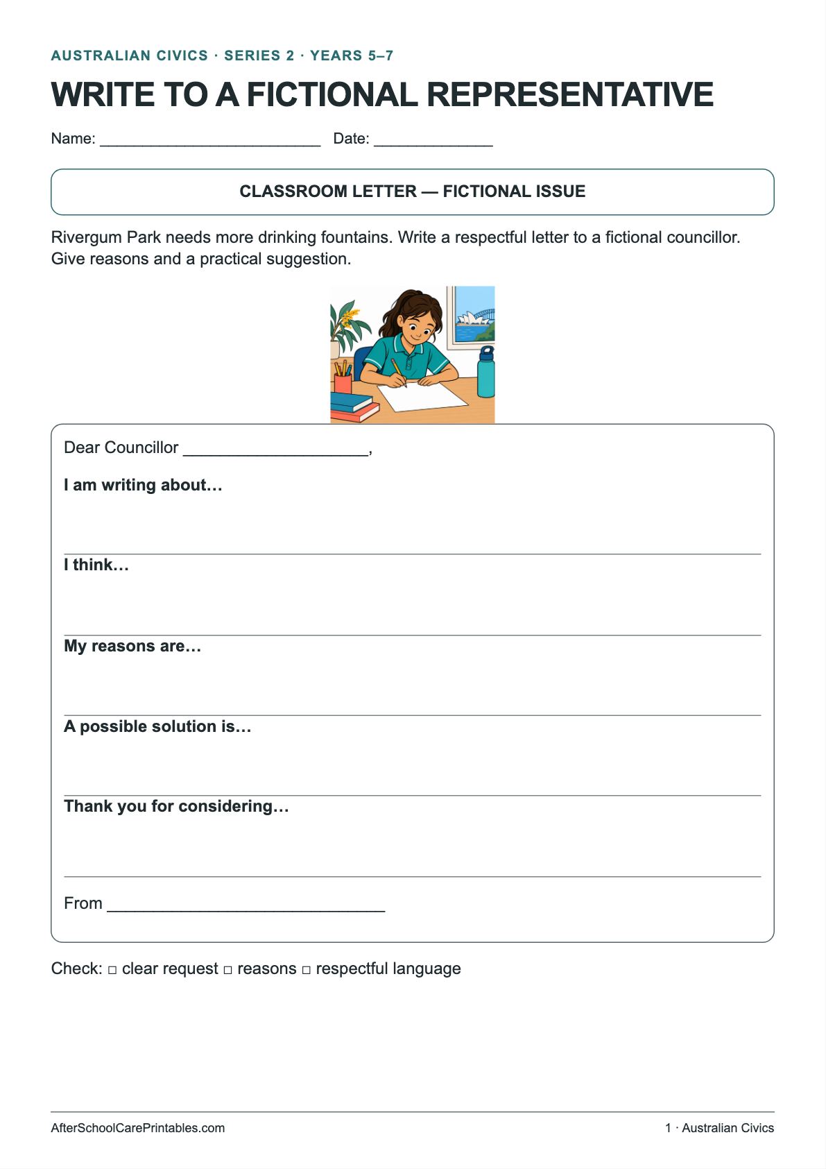 Write to a Fictional Representative printer-friendly first student page