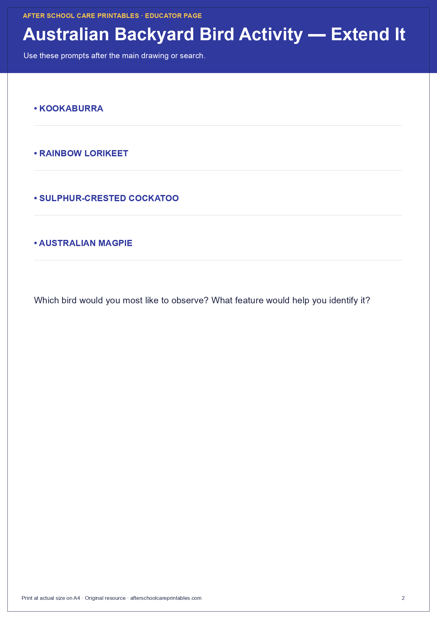 Australian Backyard Bird Activity checked answer page preview