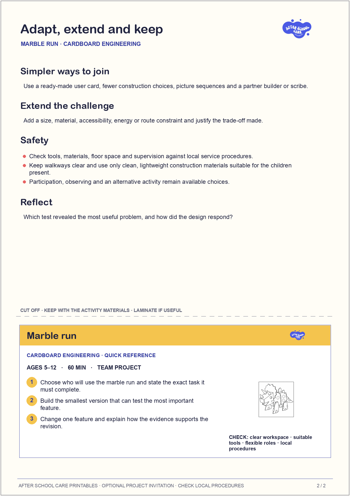 Marble run – Cardboard Engineering Major Activity adaptations and quick-reference card preview