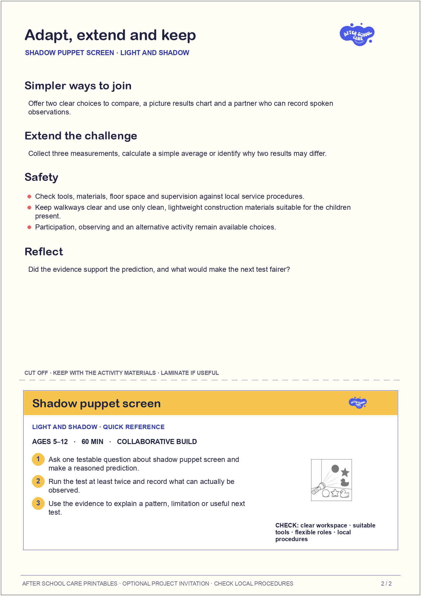 Shadow puppet screen – Light and Shadow Major Activity adaptations and quick-reference card preview
