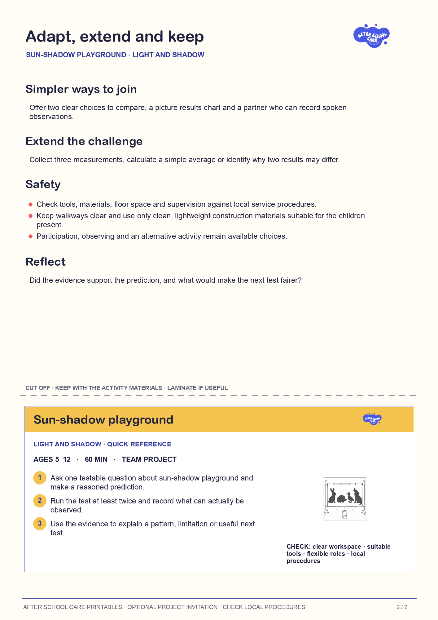 Sun-shadow playground – Light and Shadow Major Activity adaptations and quick-reference card preview