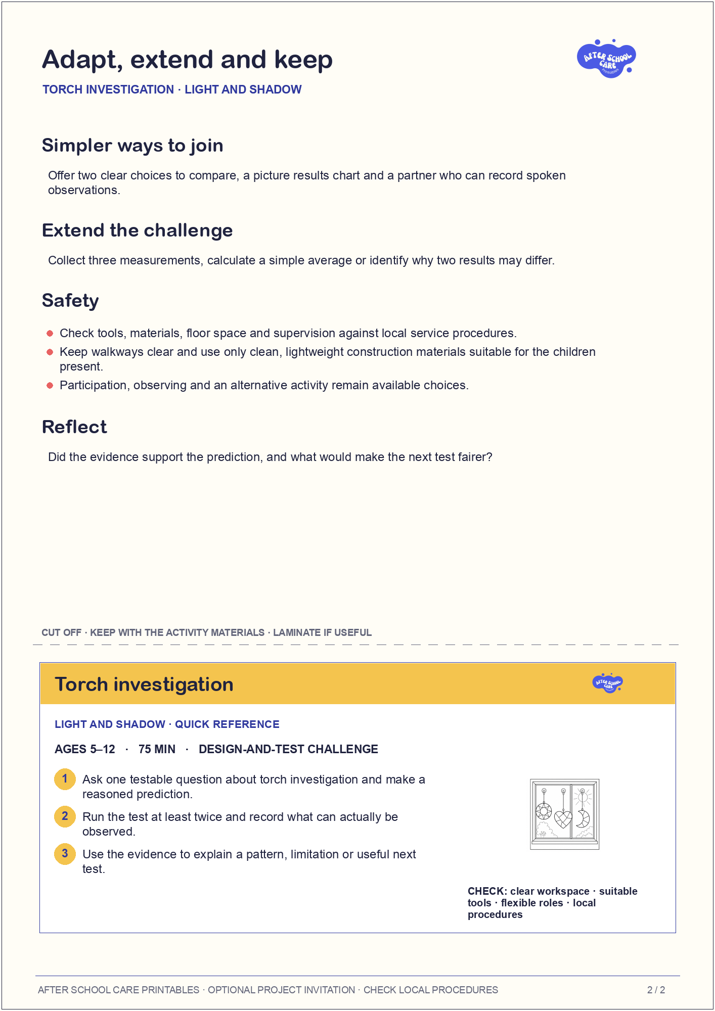 Torch investigation – Light and Shadow Major Activity adaptations and quick-reference card preview