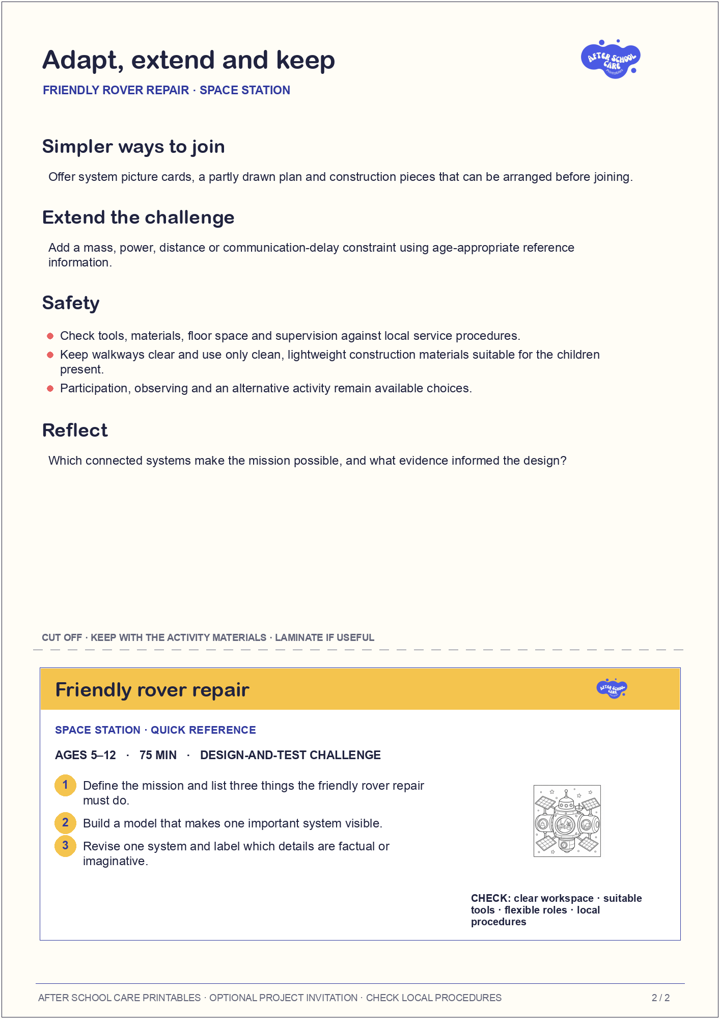 Friendly rover repair – Space Station Major Activity adaptations and quick-reference card preview
