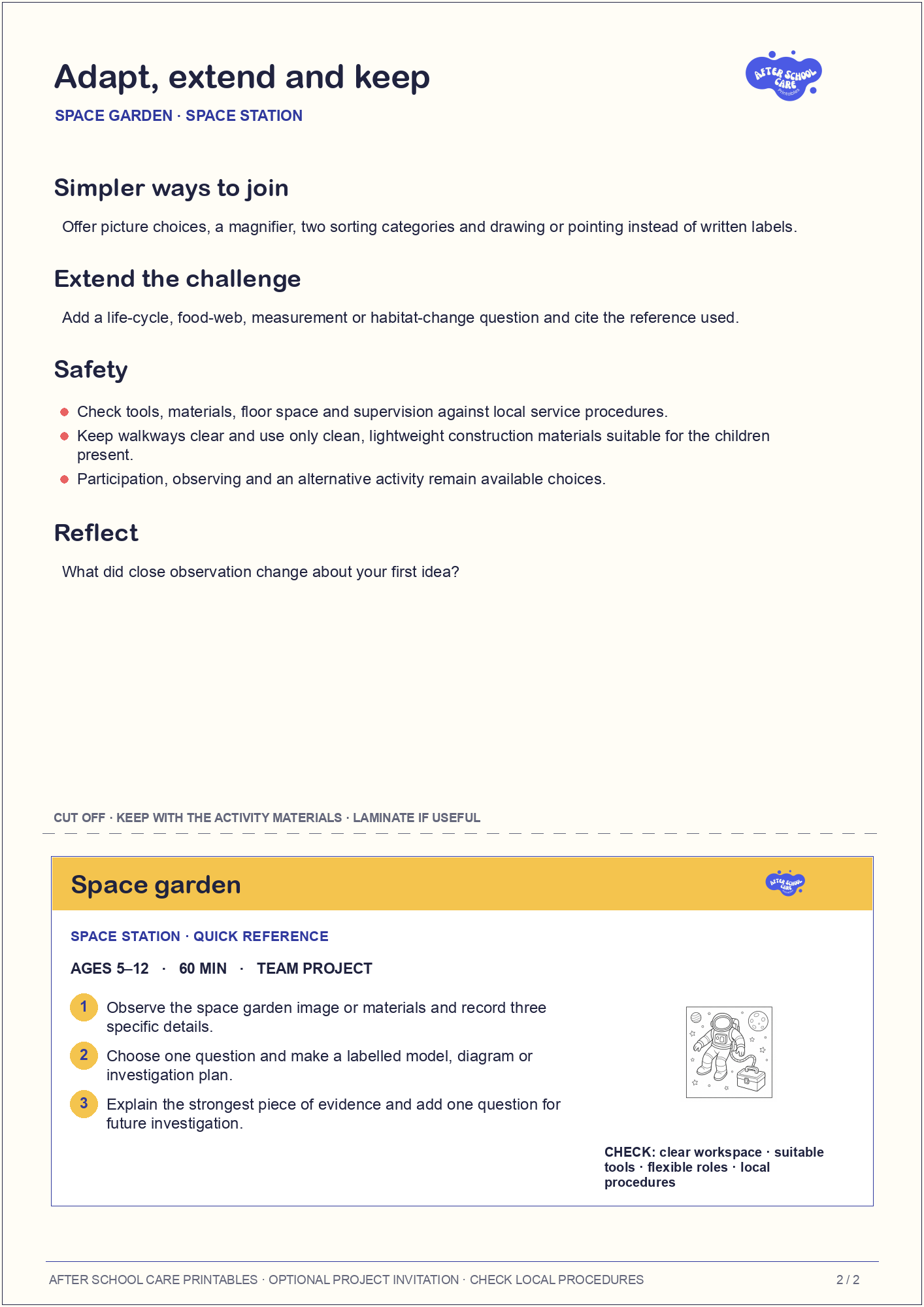 Space garden – Space Station Major Activity adaptations and quick-reference card preview