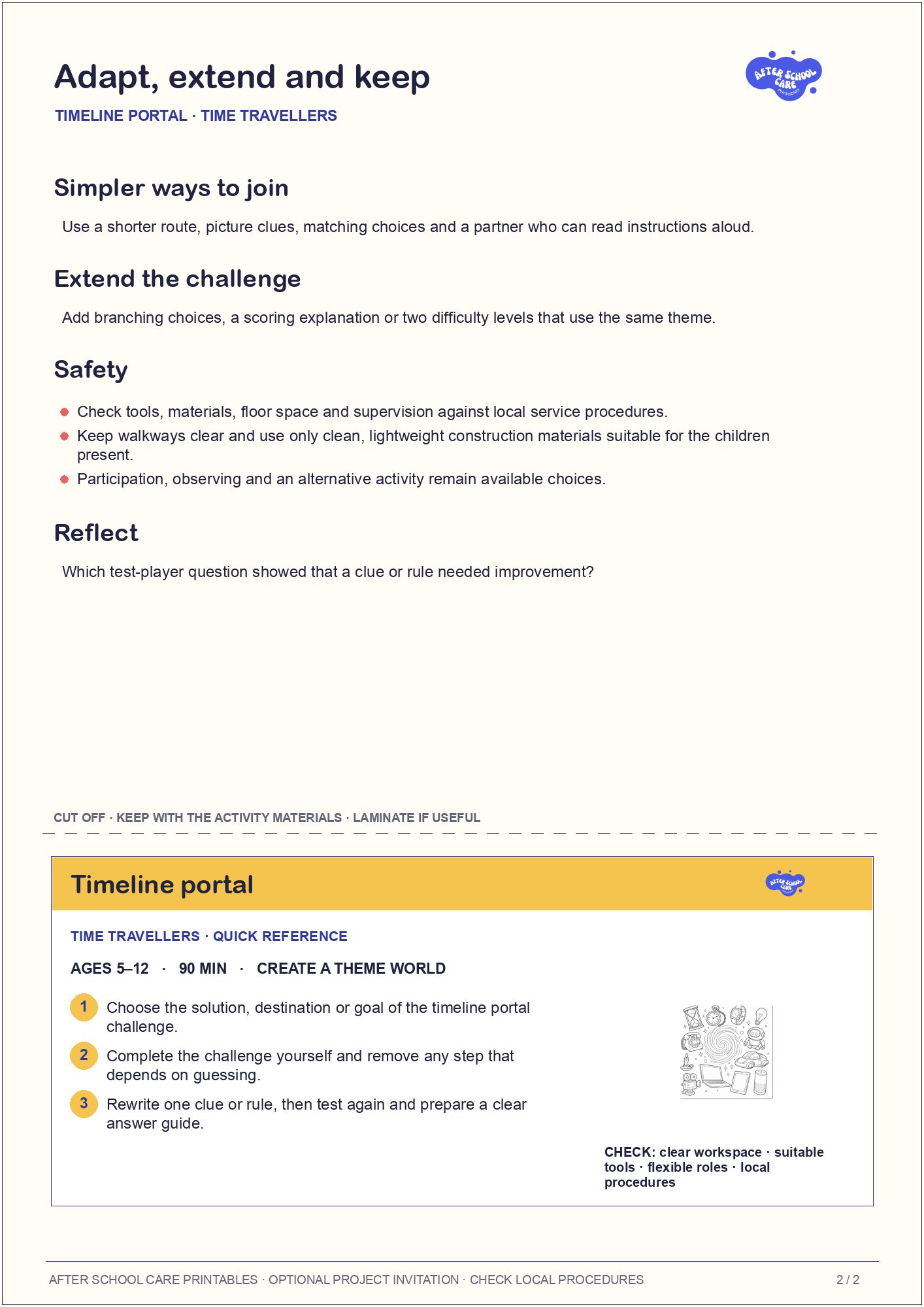 Timeline portal – Time Travellers Major Activity adaptations and quick-reference card preview