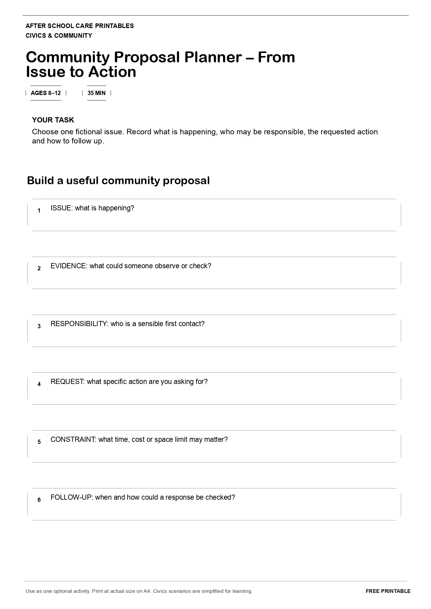 Community Proposal Planner – From Issue to Action one-page printable activity preview