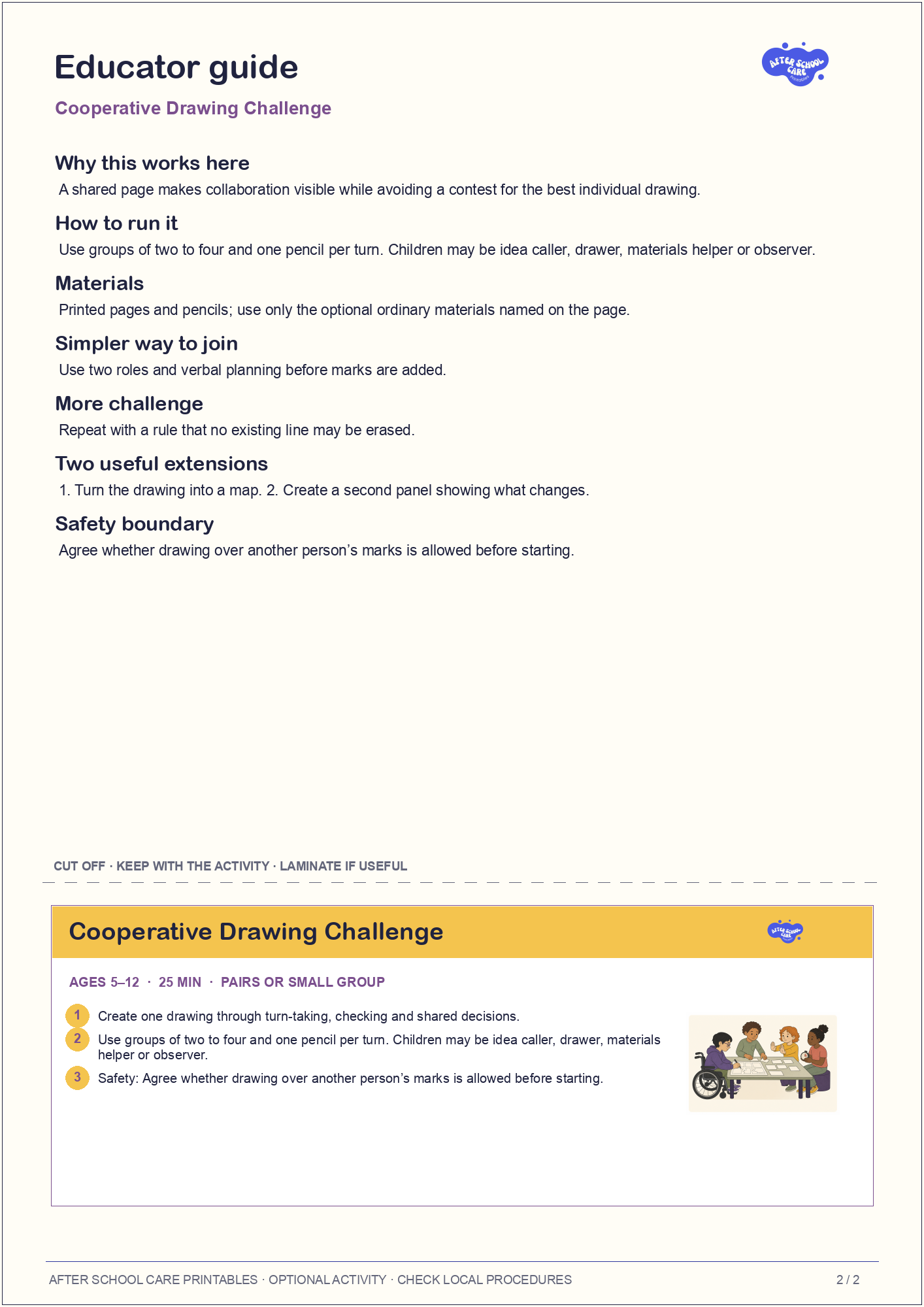 Cooperative Drawing Challenge: Educator guidance and cut-off card preview