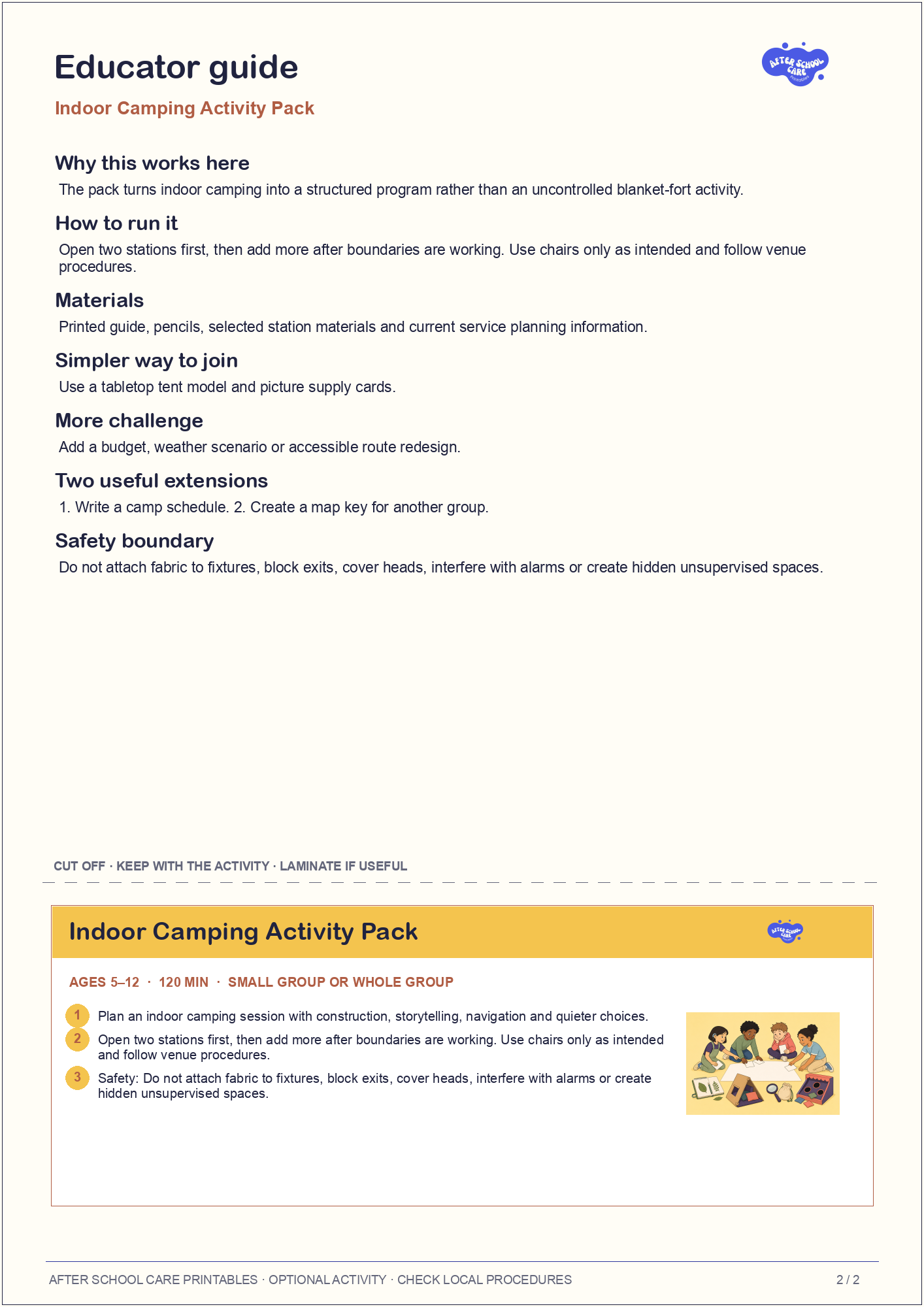 Indoor Camping Activity Pack educator guide and quick-reference card preview