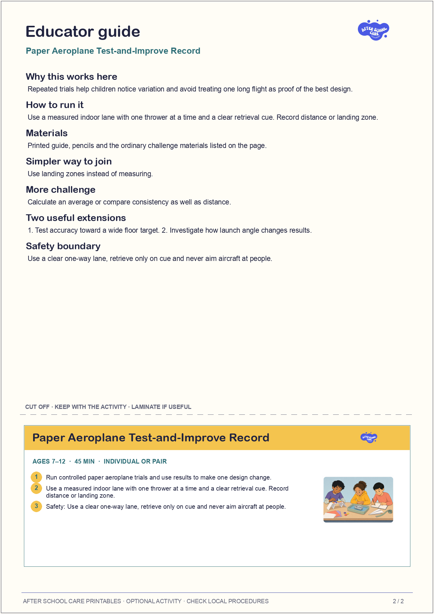 Paper Aeroplane Test-and-Improve Record: Educator guidance and cut-off card preview