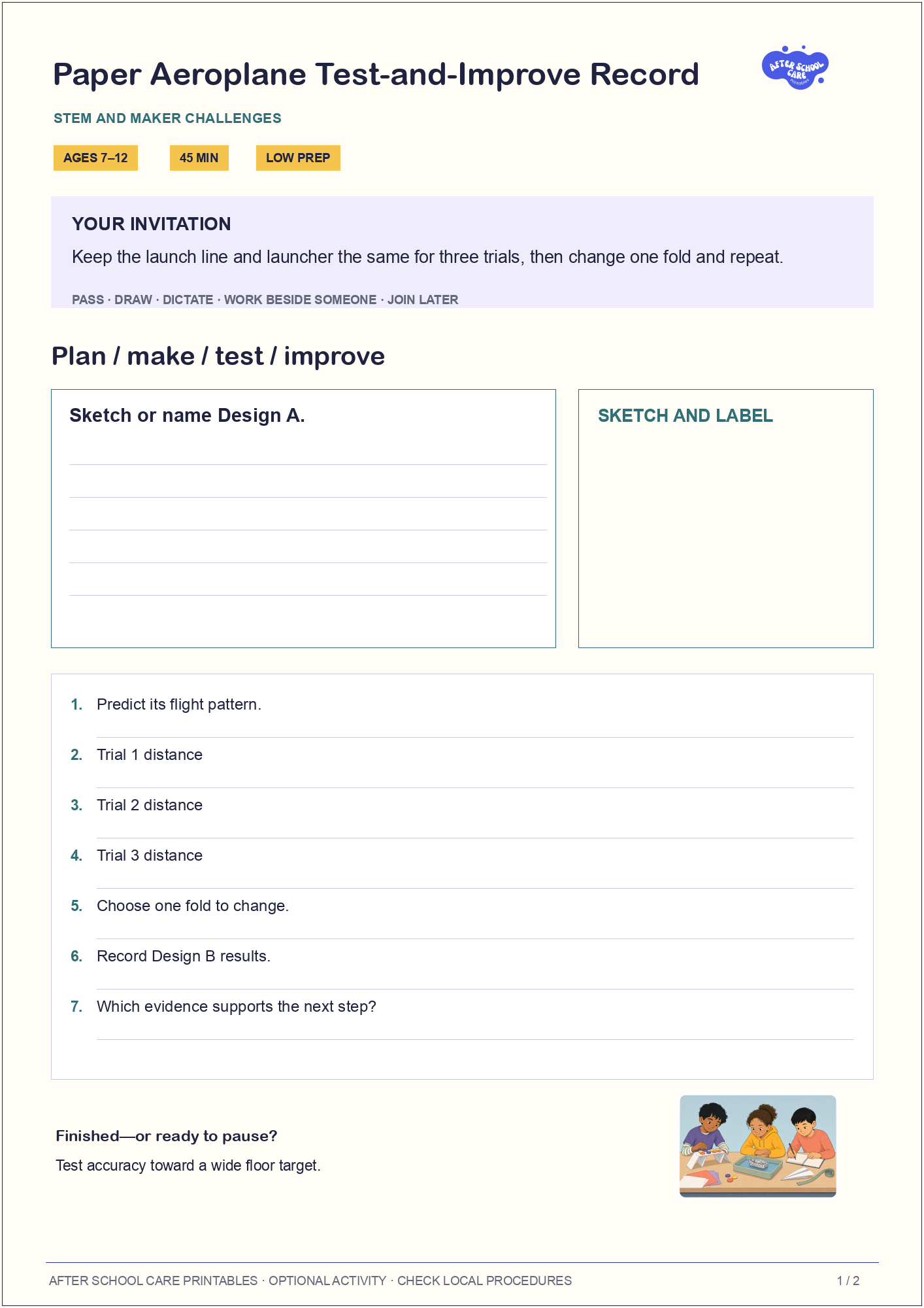 Paper Aeroplane Test-and-Improve Record: Child-facing activity preview