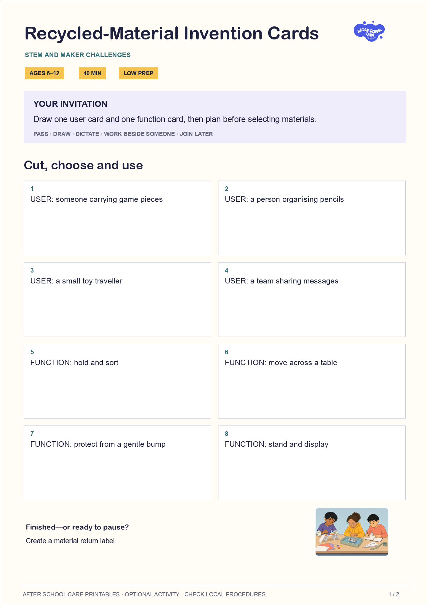 Recycled-Material Invention Cards: Child-facing activity preview