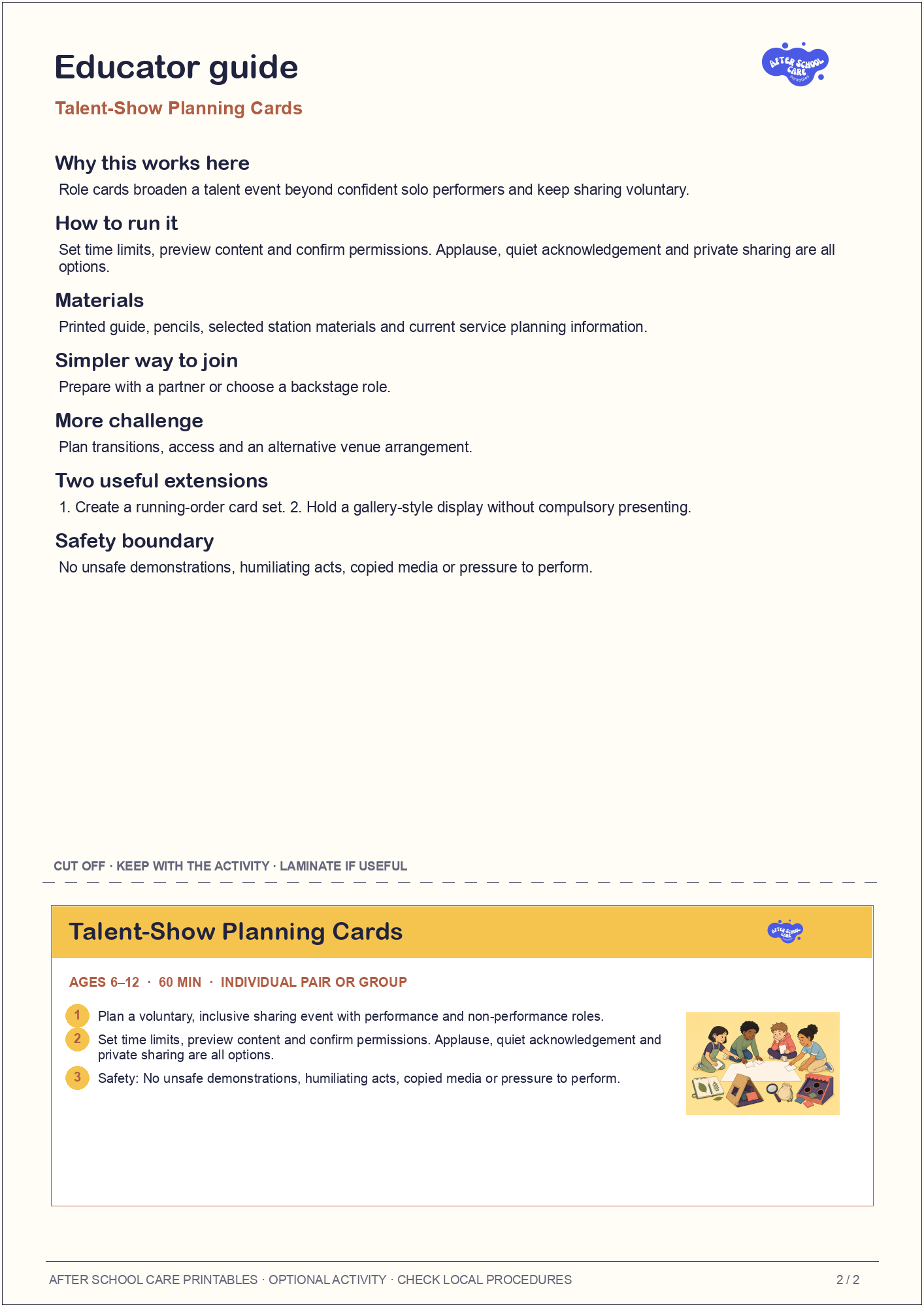 Talent-Show Planning Cards: Educator guidance and cut-off card preview