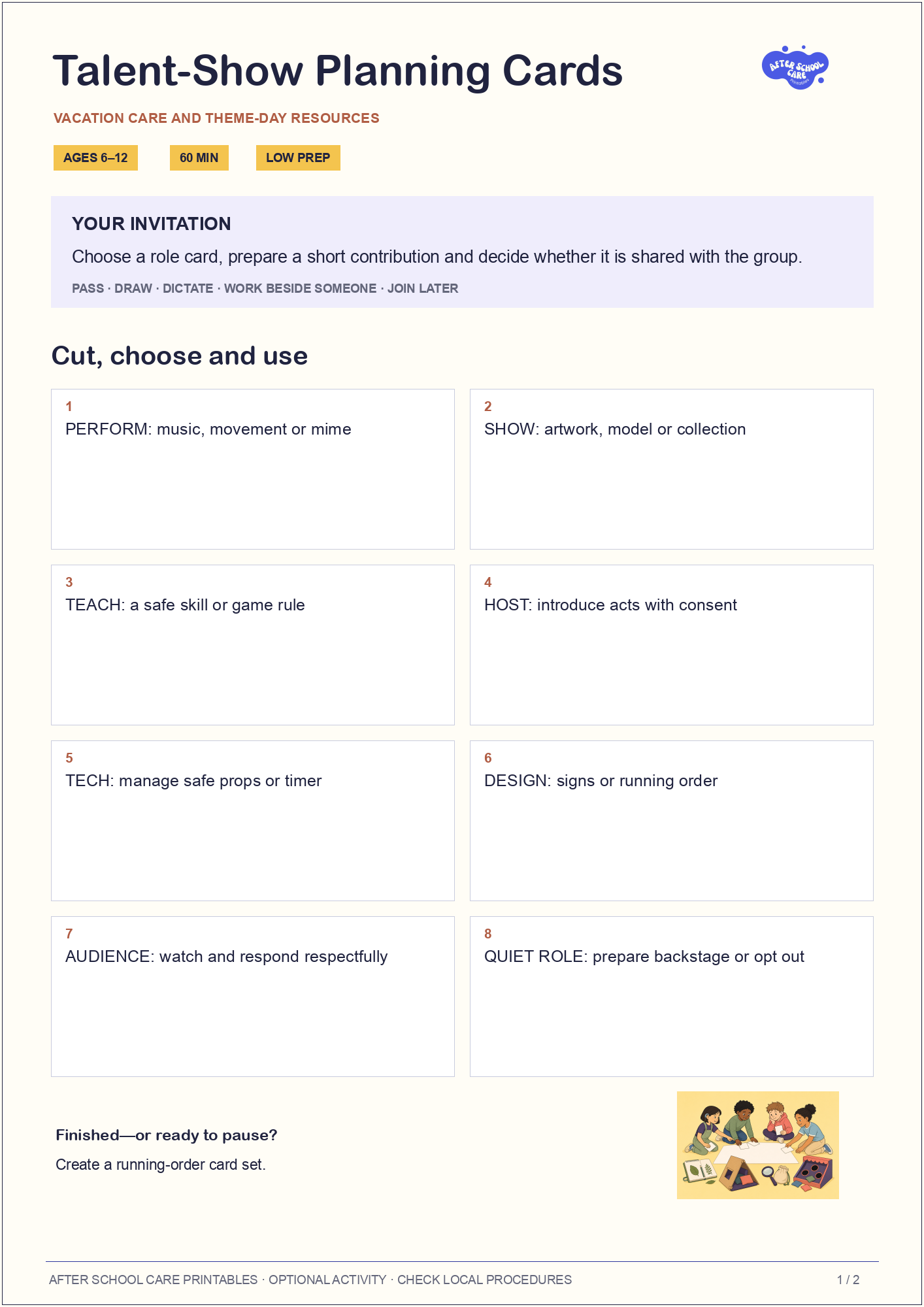 Talent-Show Planning Cards: Child-facing activity preview