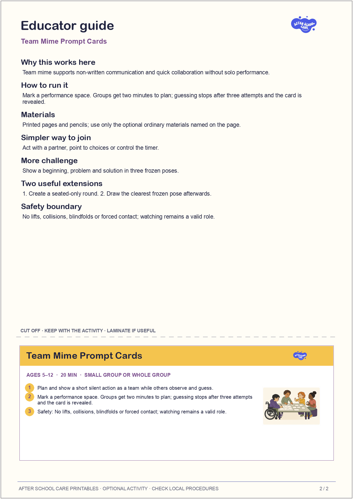 Team Mime Prompt Cards: Educator guidance and cut-off card preview