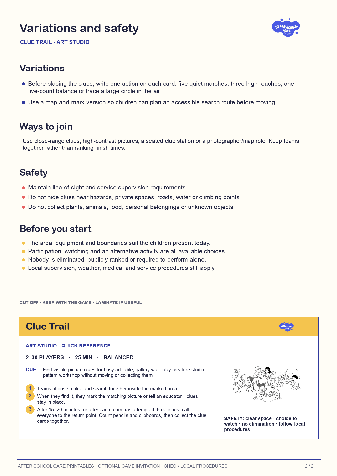 Clue Trail – Art Studio Printable Game variations and safety page preview