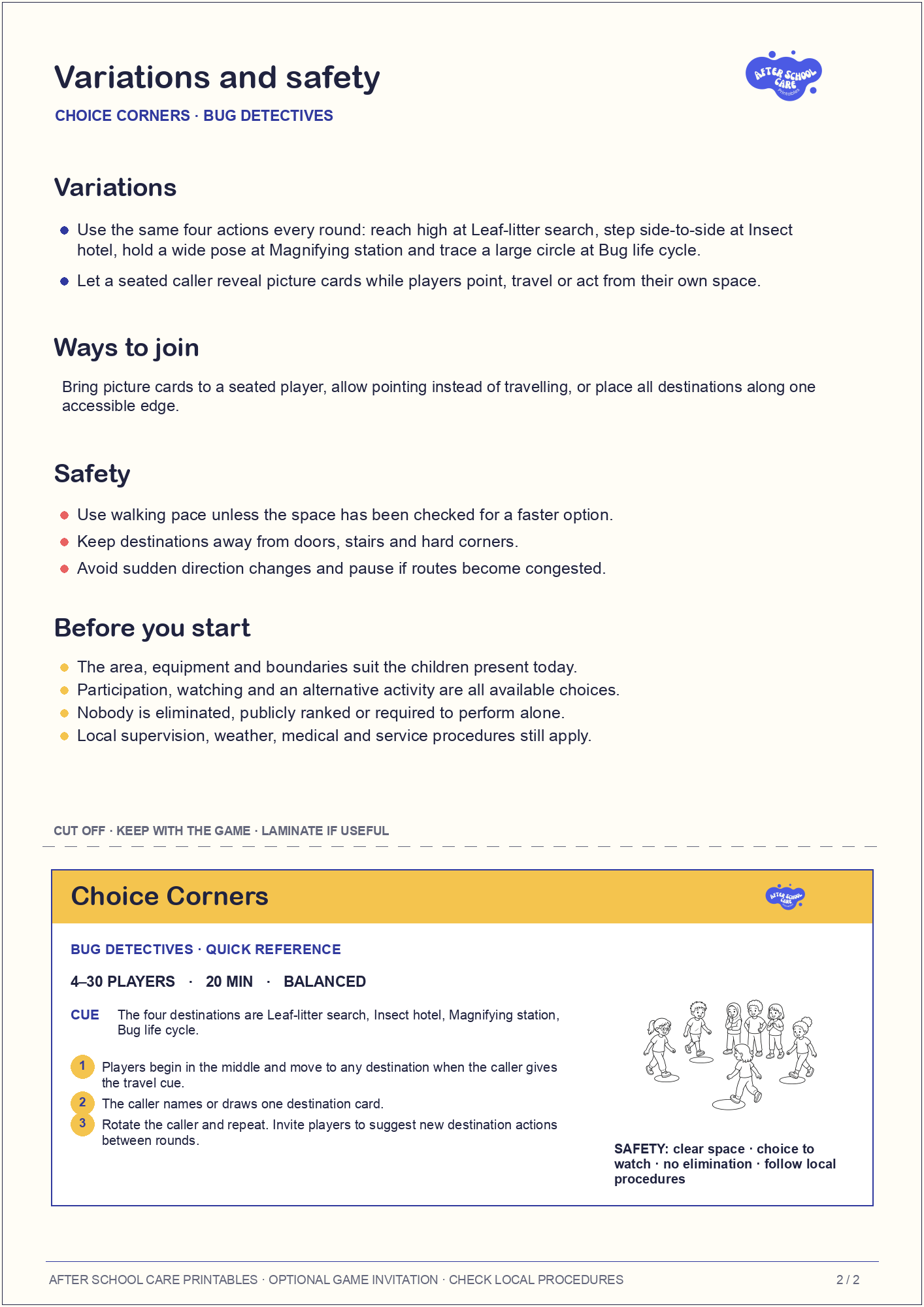 Choice Corners – Bug Detectives Printable Game variations and safety page preview