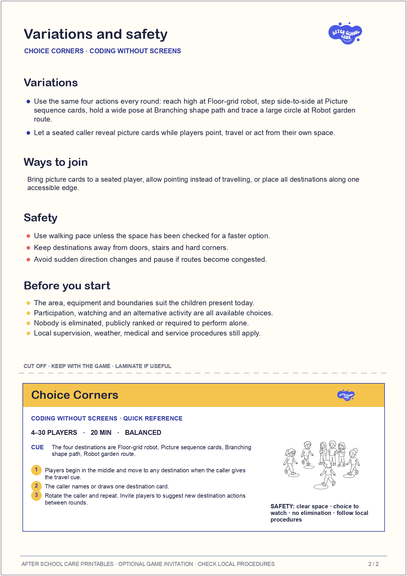 Choice Corners – Coding Without Screens Printable Game variations and safety page preview