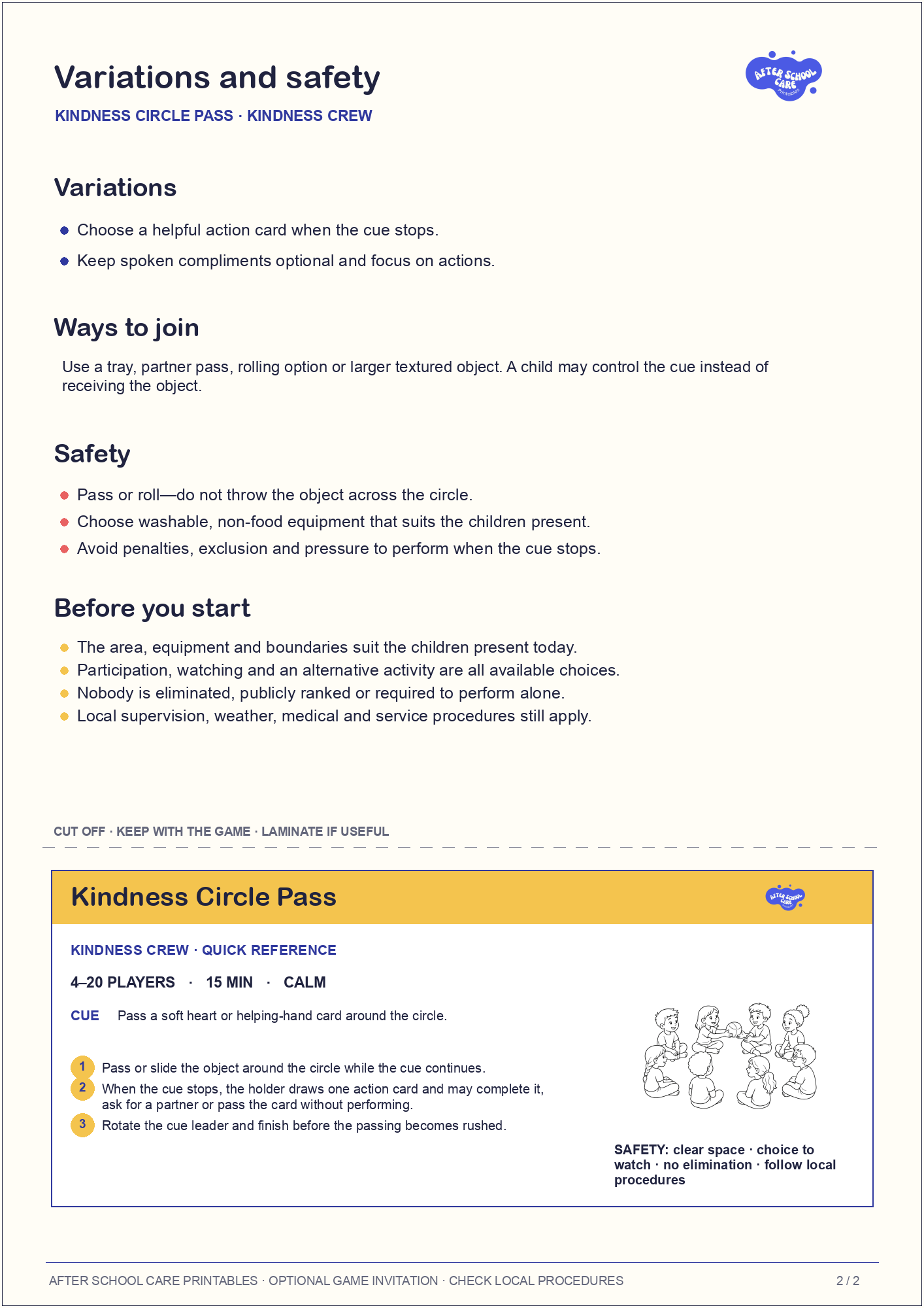 Kindness Circle Pass – Kindness Crew Printable Game variations and safety page preview