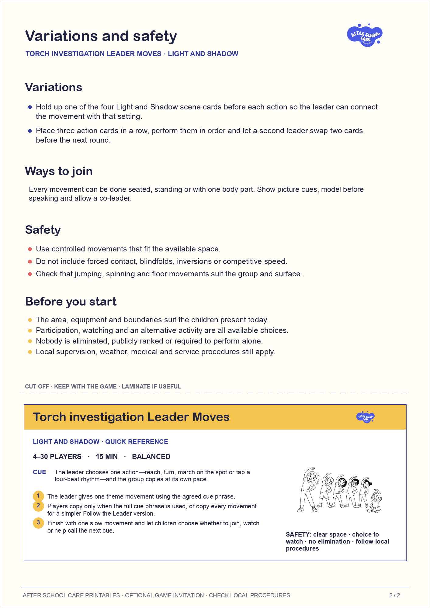 Torch investigation Leader Moves – Light and Shadow Printable Game variations and safety page preview