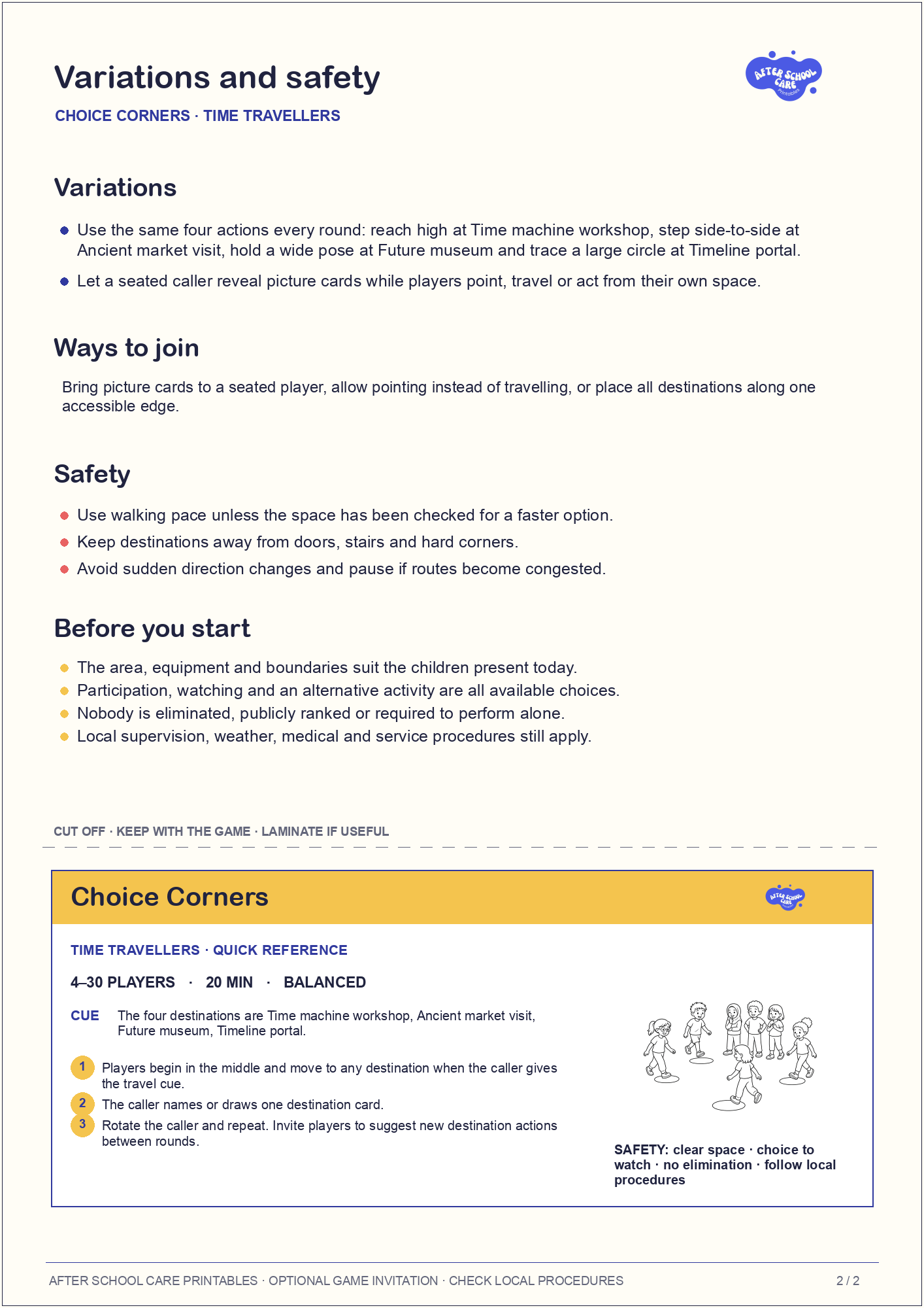 Choice Corners – Time Travellers Printable Game variations and safety page preview