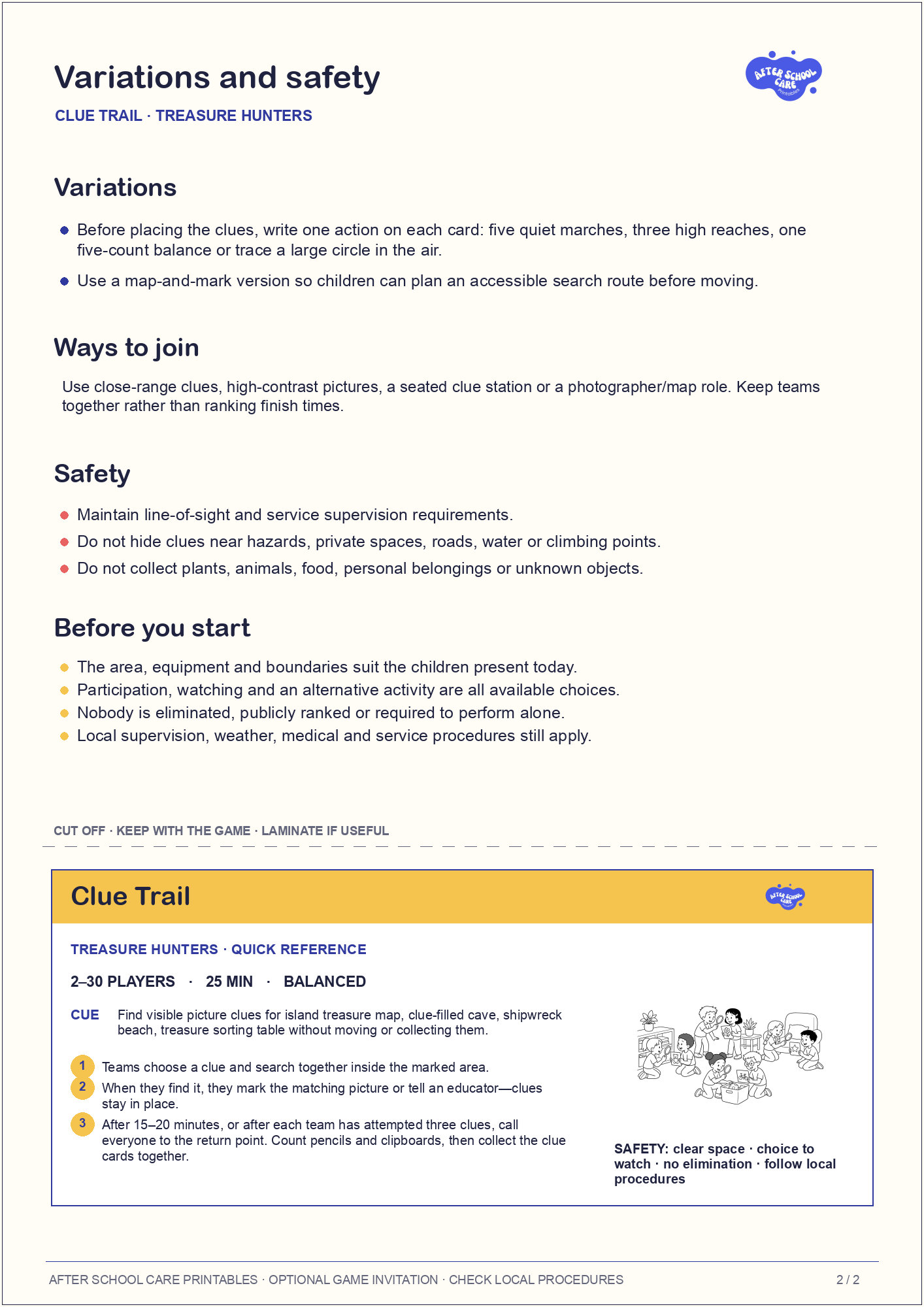 Clue Trail – Treasure Hunters Printable Game variations and safety page preview