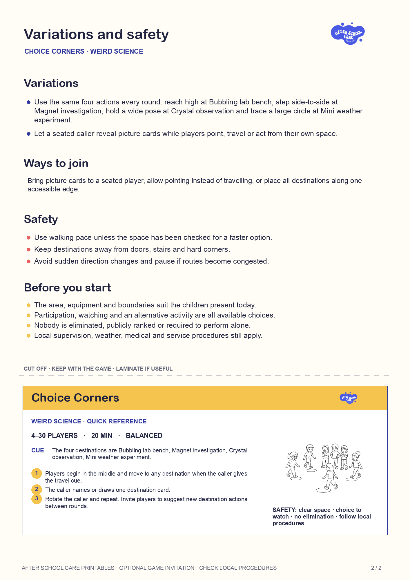 Choice Corners – Weird Science Printable Game variations and safety page preview
